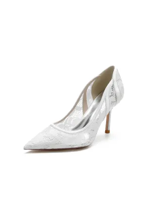 Pointed Toe Bridal Heels with Lace Appliques
