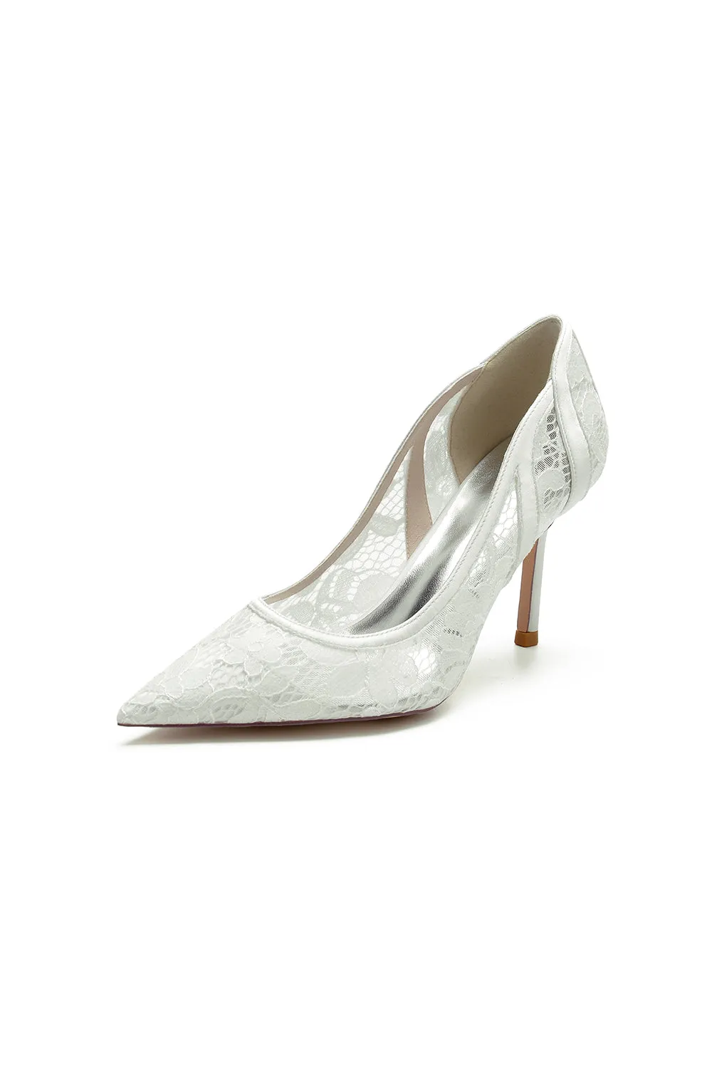 Pointed Toe Bridal Heels with Lace Appliques