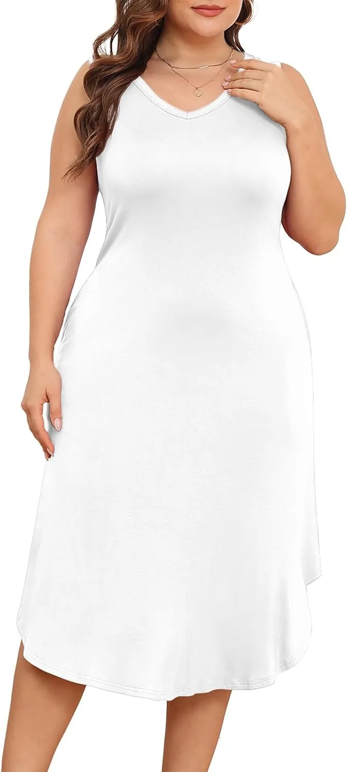 POSESHE Womens Plus Size Dresses Sleeveless V-Neck 2024 Summer Sundress Casual Wedding Guest Cocktail Dress with Pockets