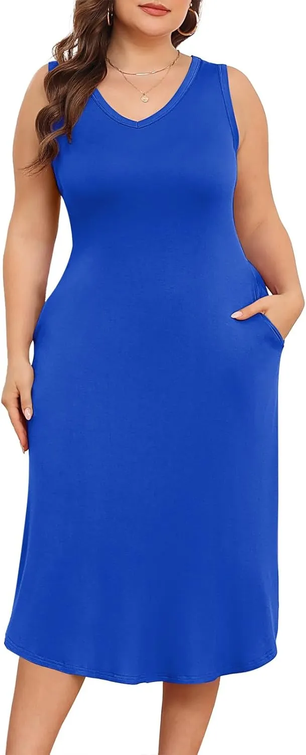 POSESHE Womens Plus Size Dresses Sleeveless V-Neck 2024 Summer Sundress Casual Wedding Guest Cocktail Dress with Pockets