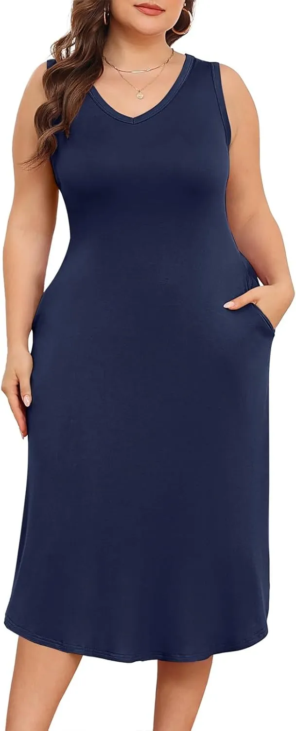 POSESHE Womens Plus Size Dresses Sleeveless V-Neck 2024 Summer Sundress Casual Wedding Guest Cocktail Dress with Pockets
