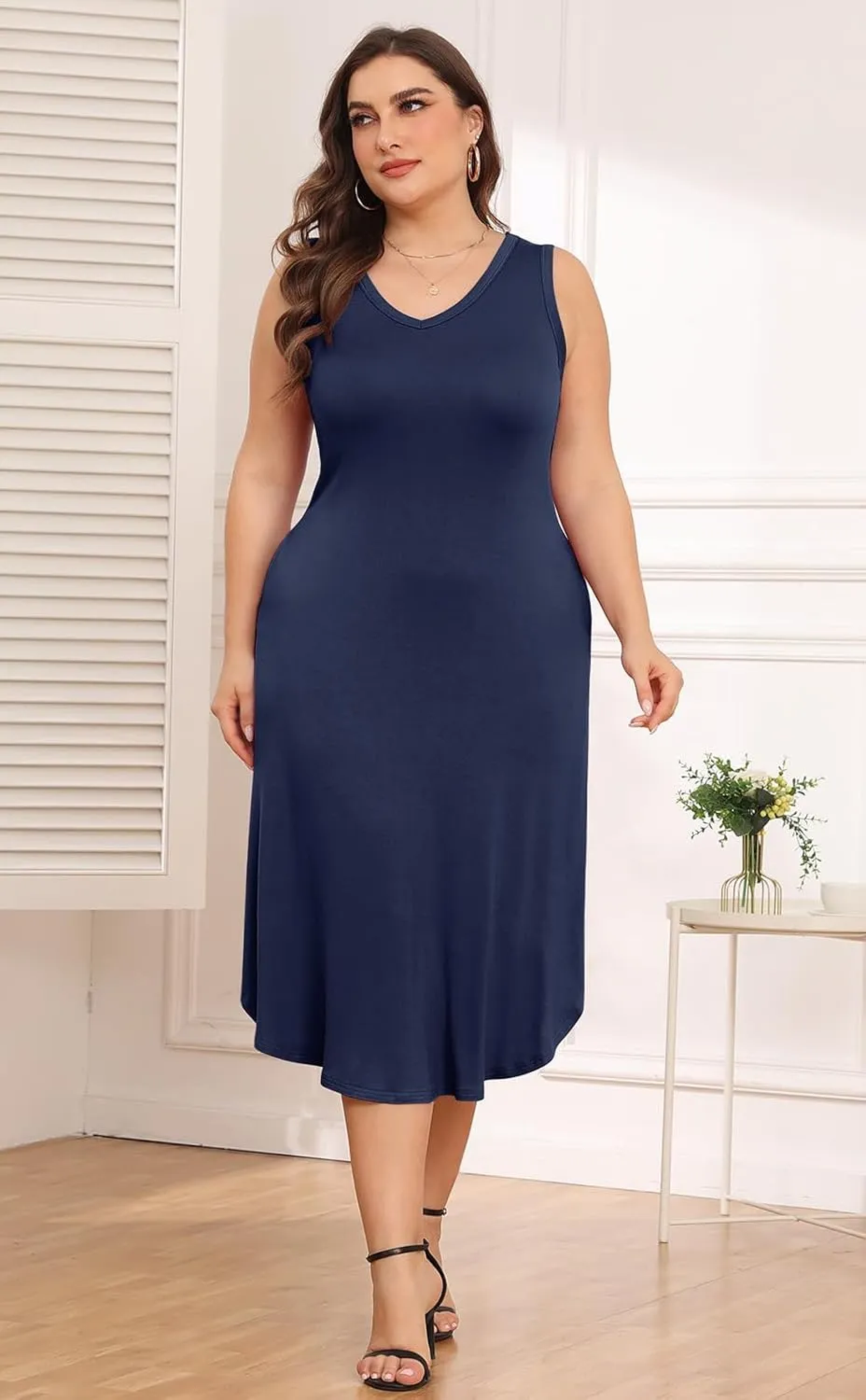 POSESHE Womens Plus Size Dresses Sleeveless V-Neck 2024 Summer Sundress Casual Wedding Guest Cocktail Dress with Pockets