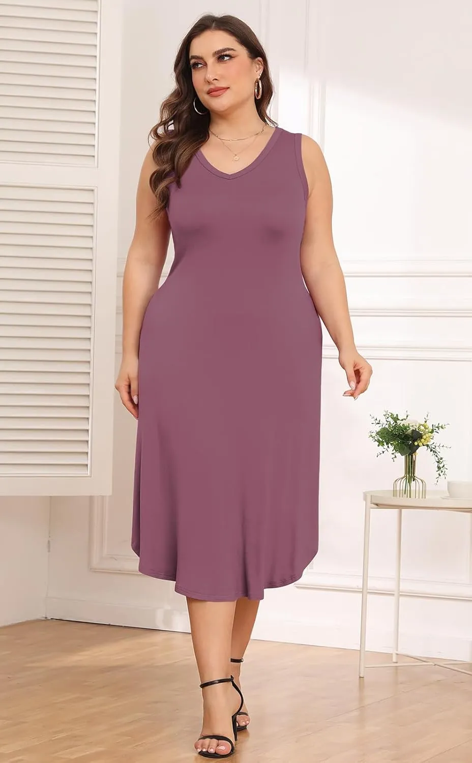 POSESHE Womens Plus Size Dresses Sleeveless V-Neck 2024 Summer Sundress Casual Wedding Guest Cocktail Dress with Pockets