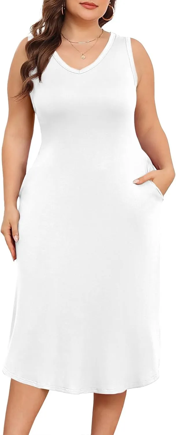POSESHE Womens Plus Size Dresses Sleeveless V-Neck 2024 Summer Sundress Casual Wedding Guest Cocktail Dress with Pockets