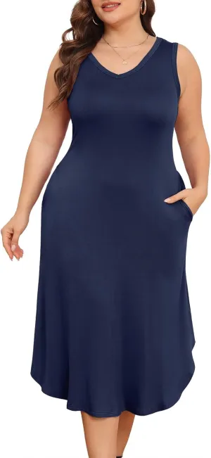 POSESHE Womens Plus Size Dresses Sleeveless V-Neck 2024 Summer Sundress Casual Wedding Guest Cocktail Dress with Pockets