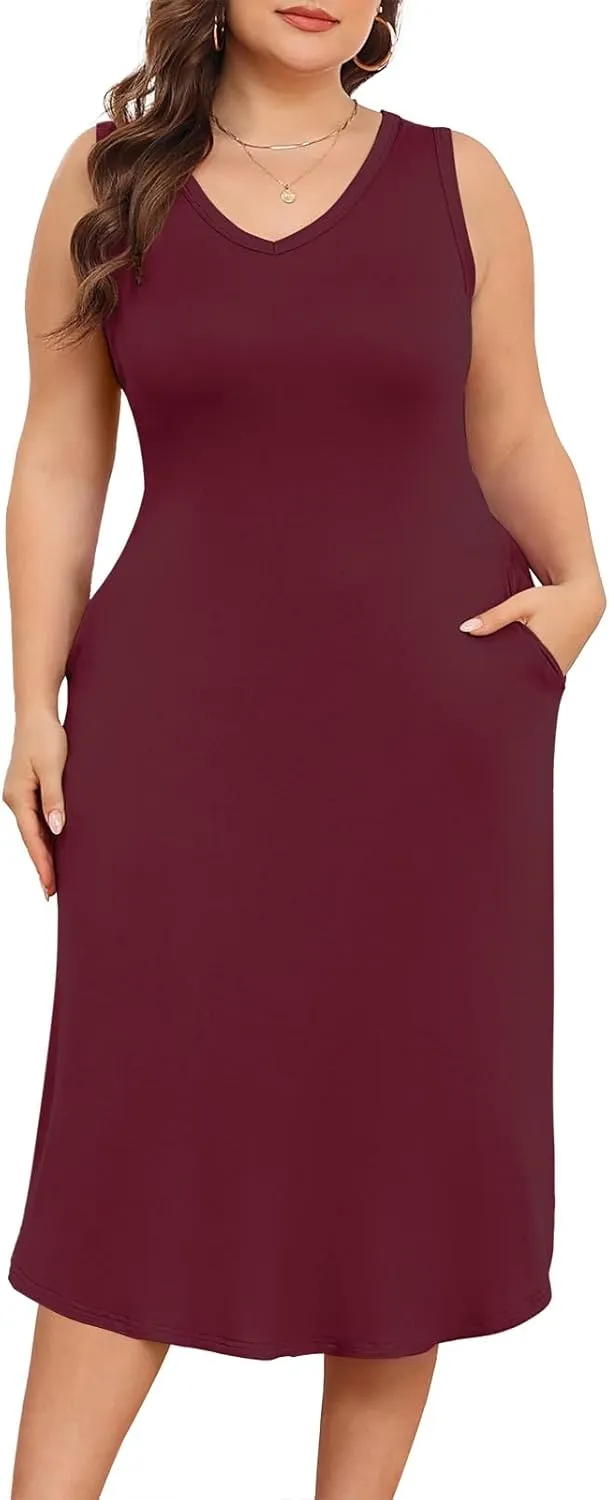 POSESHE Womens Plus Size Dresses Sleeveless V-Neck 2024 Summer Sundress Casual Wedding Guest Cocktail Dress with Pockets
