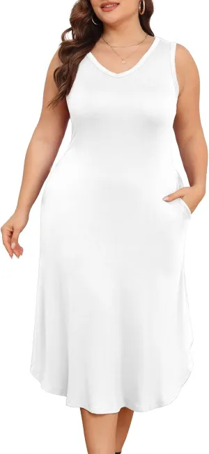 POSESHE Womens Plus Size Dresses Sleeveless V-Neck 2024 Summer Sundress Casual Wedding Guest Cocktail Dress with Pockets