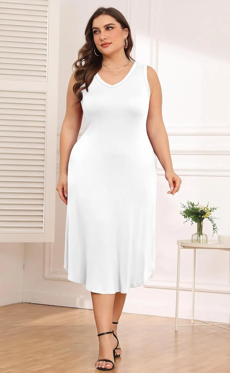 POSESHE Womens Plus Size Dresses Sleeveless V-Neck 2024 Summer Sundress Casual Wedding Guest Cocktail Dress with Pockets