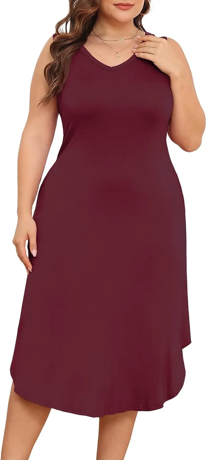 POSESHE Womens Plus Size Dresses Sleeveless V-Neck 2024 Summer Sundress Casual Wedding Guest Cocktail Dress with Pockets