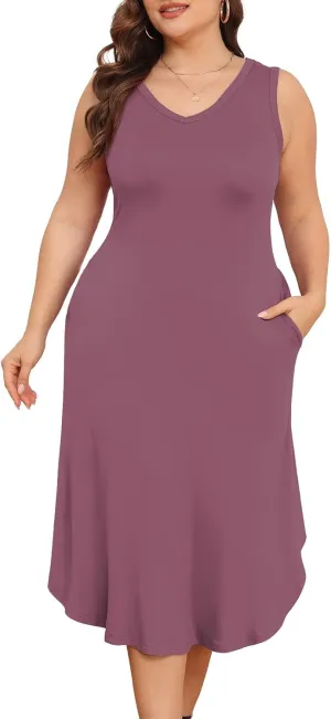 POSESHE Womens Plus Size Dresses Sleeveless V-Neck 2024 Summer Sundress Casual Wedding Guest Cocktail Dress with Pockets