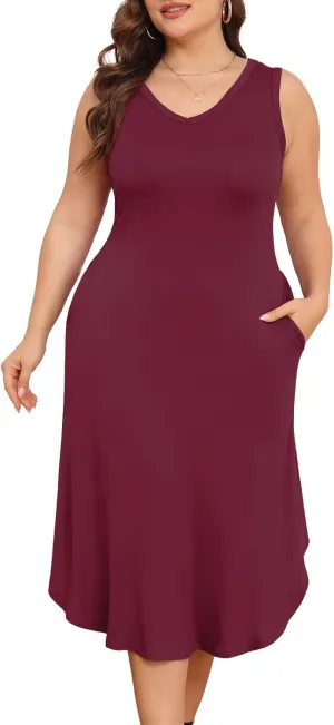 POSESHE Womens Plus Size Dresses Sleeveless V-Neck 2024 Summer Sundress Casual Wedding Guest Cocktail Dress with Pockets