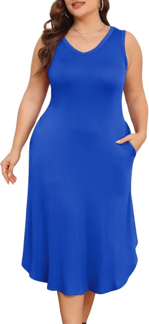 POSESHE Womens Plus Size Dresses Sleeveless V-Neck 2024 Summer Sundress Casual Wedding Guest Cocktail Dress with Pockets