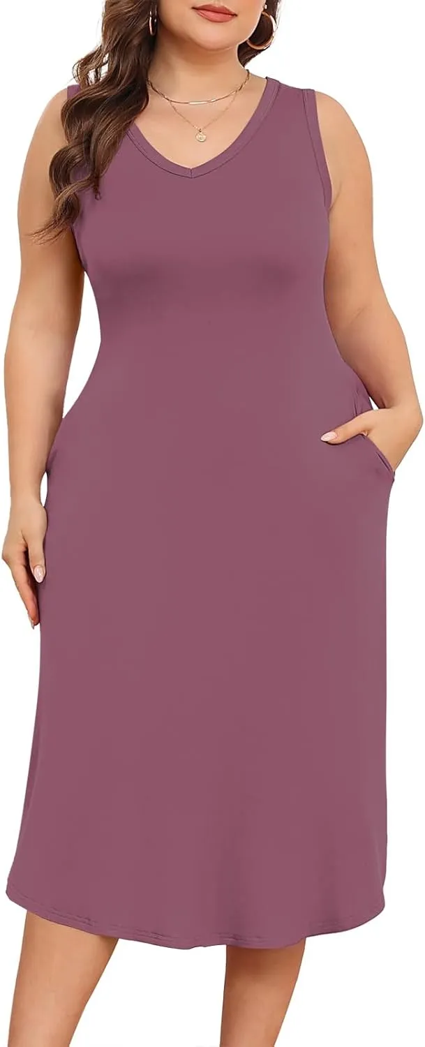 POSESHE Womens Plus Size Dresses Sleeveless V-Neck 2024 Summer Sundress Casual Wedding Guest Cocktail Dress with Pockets