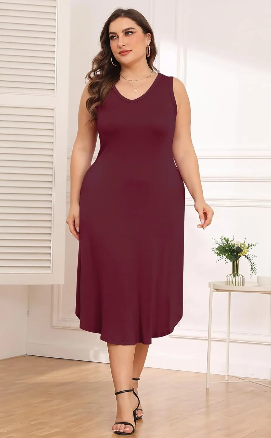 POSESHE Womens Plus Size Dresses Sleeveless V-Neck 2024 Summer Sundress Casual Wedding Guest Cocktail Dress with Pockets
