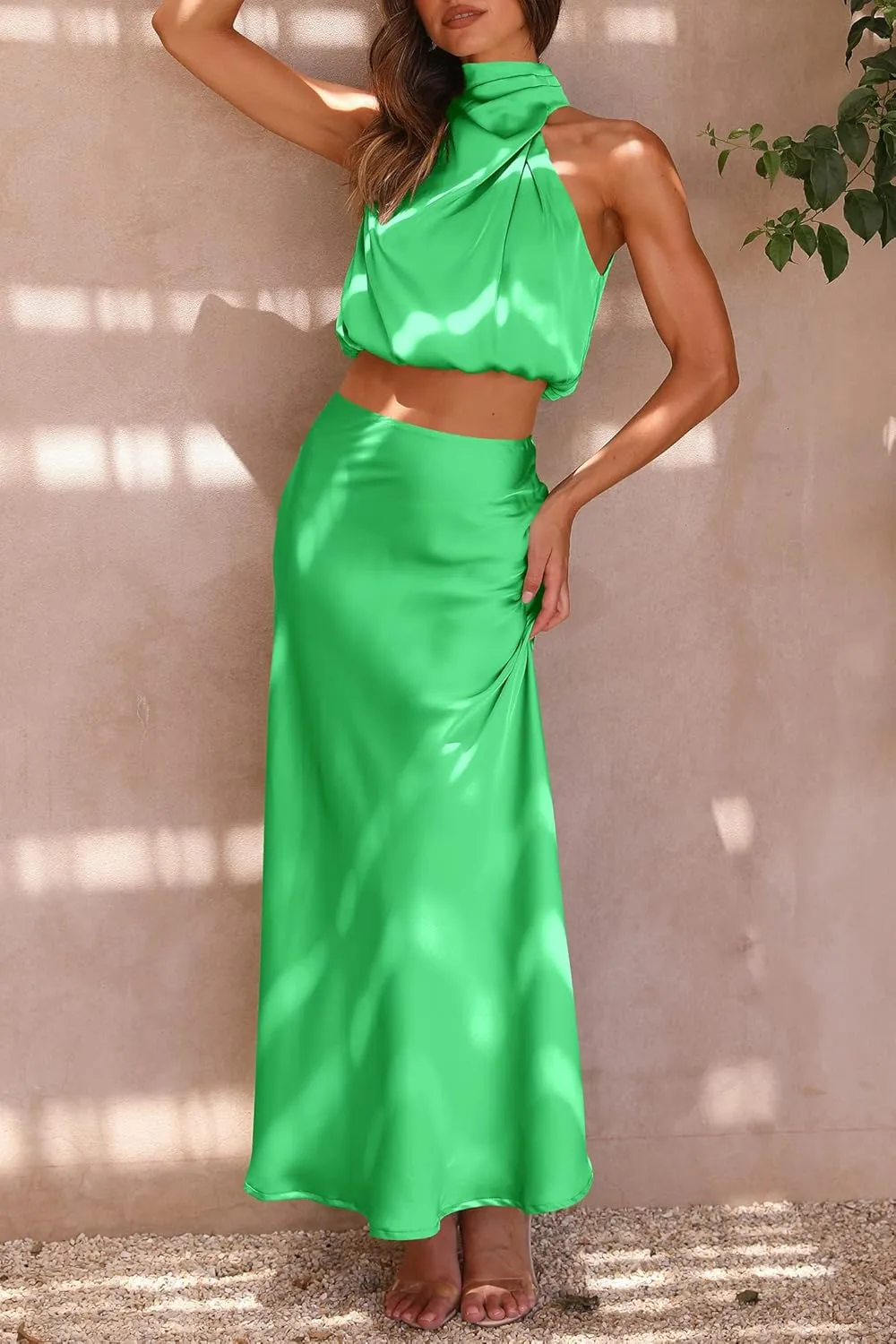 PRETTYGARDEN Women's 2 Piece Satin Outfits Summer Sleeveless Mock Neck Crop Tops and Long Skirt Dress Sets