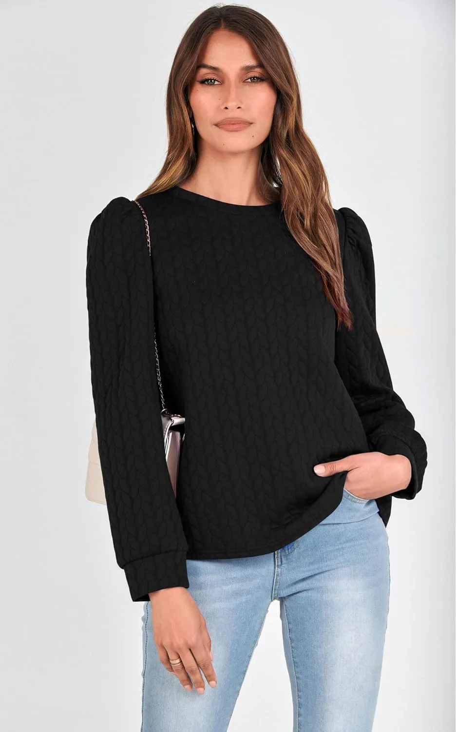 PRETTYGARDEN Women's Puff Sleeve Sweatshirts 2024 Fall Fashion Casual Crewneck Solid Twist Texture Pullover Tops