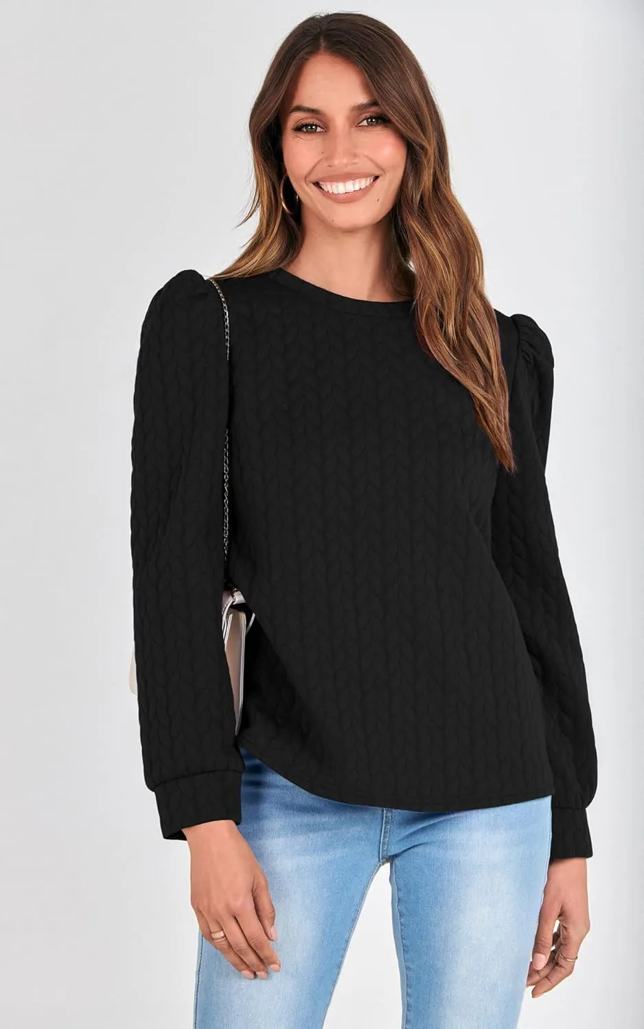 PRETTYGARDEN Women's Puff Sleeve Sweatshirts 2024 Fall Fashion Casual Crewneck Solid Twist Texture Pullover Tops