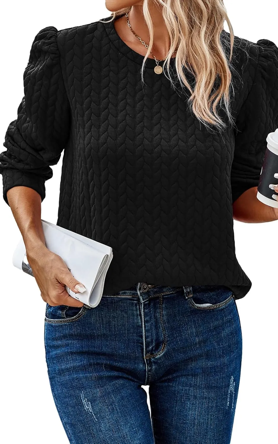 PRETTYGARDEN Women's Puff Sleeve Sweatshirts 2024 Fall Fashion Casual Crewneck Solid Twist Texture Pullover Tops