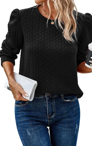 PRETTYGARDEN Women's Puff Sleeve Sweatshirts 2024 Fall Fashion Casual Crewneck Solid Twist Texture Pullover Tops