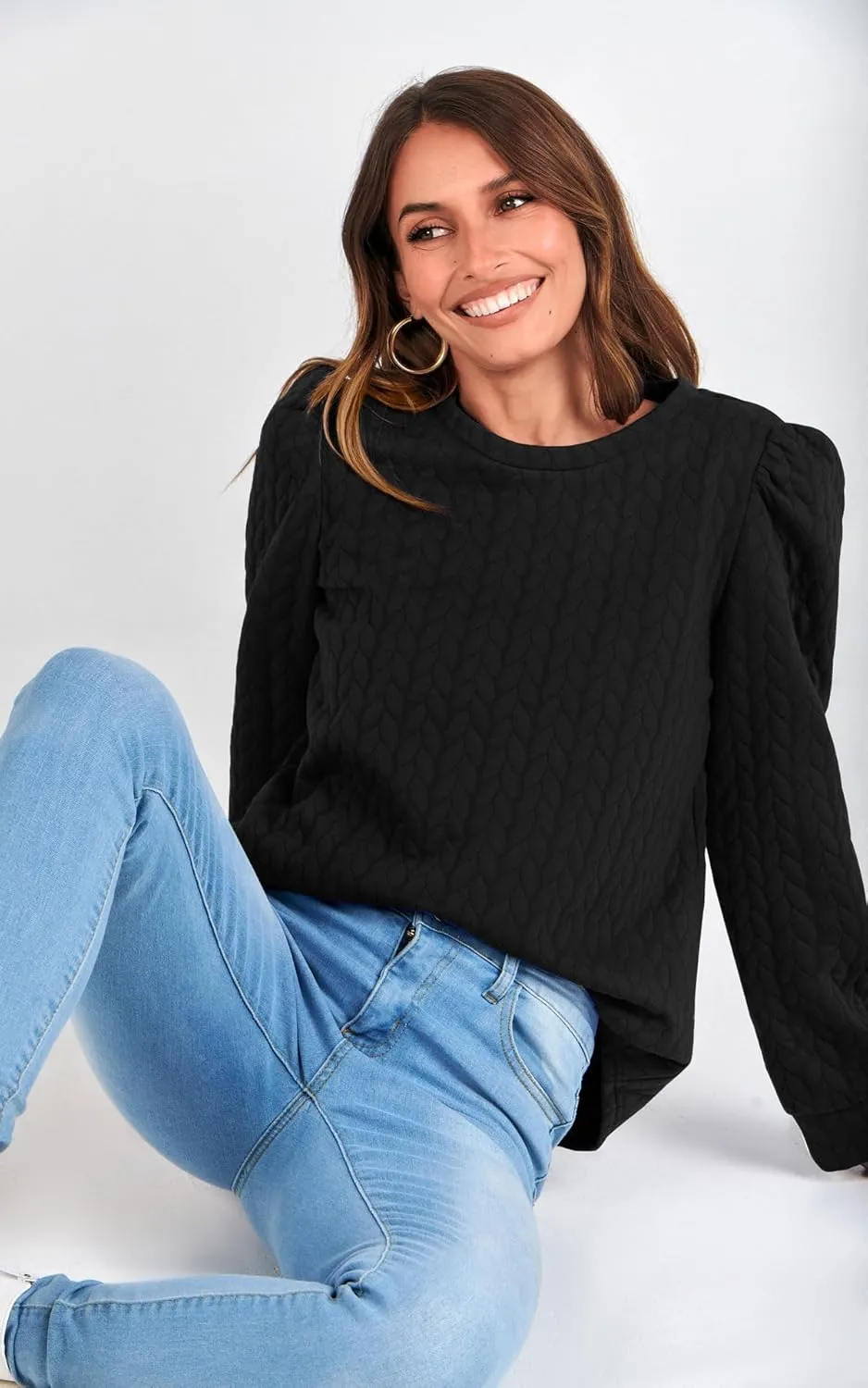 PRETTYGARDEN Women's Puff Sleeve Sweatshirts 2024 Fall Fashion Casual Crewneck Solid Twist Texture Pullover Tops