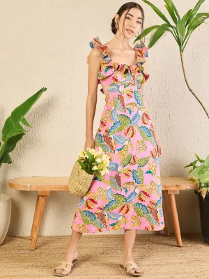 Printed Frilled Scoop Neck Dress