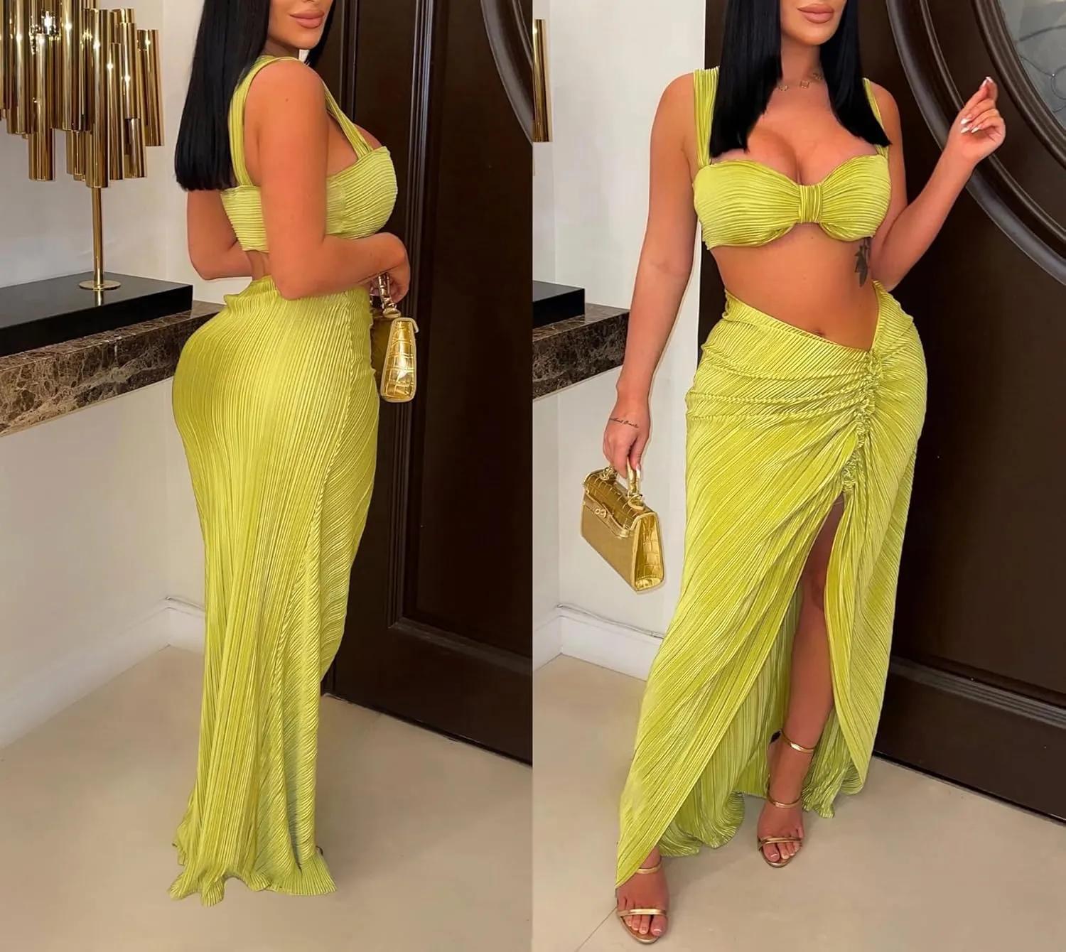 Ptorlio Skirt Sets Women 2 Piece Outfits Pleated Maxi Skirts with Slit and Top Club Beach Set