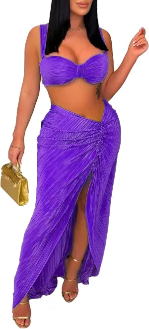 Ptorlio Skirt Sets Women 2 Piece Outfits Pleated Maxi Skirts with Slit and Top Club Beach Set