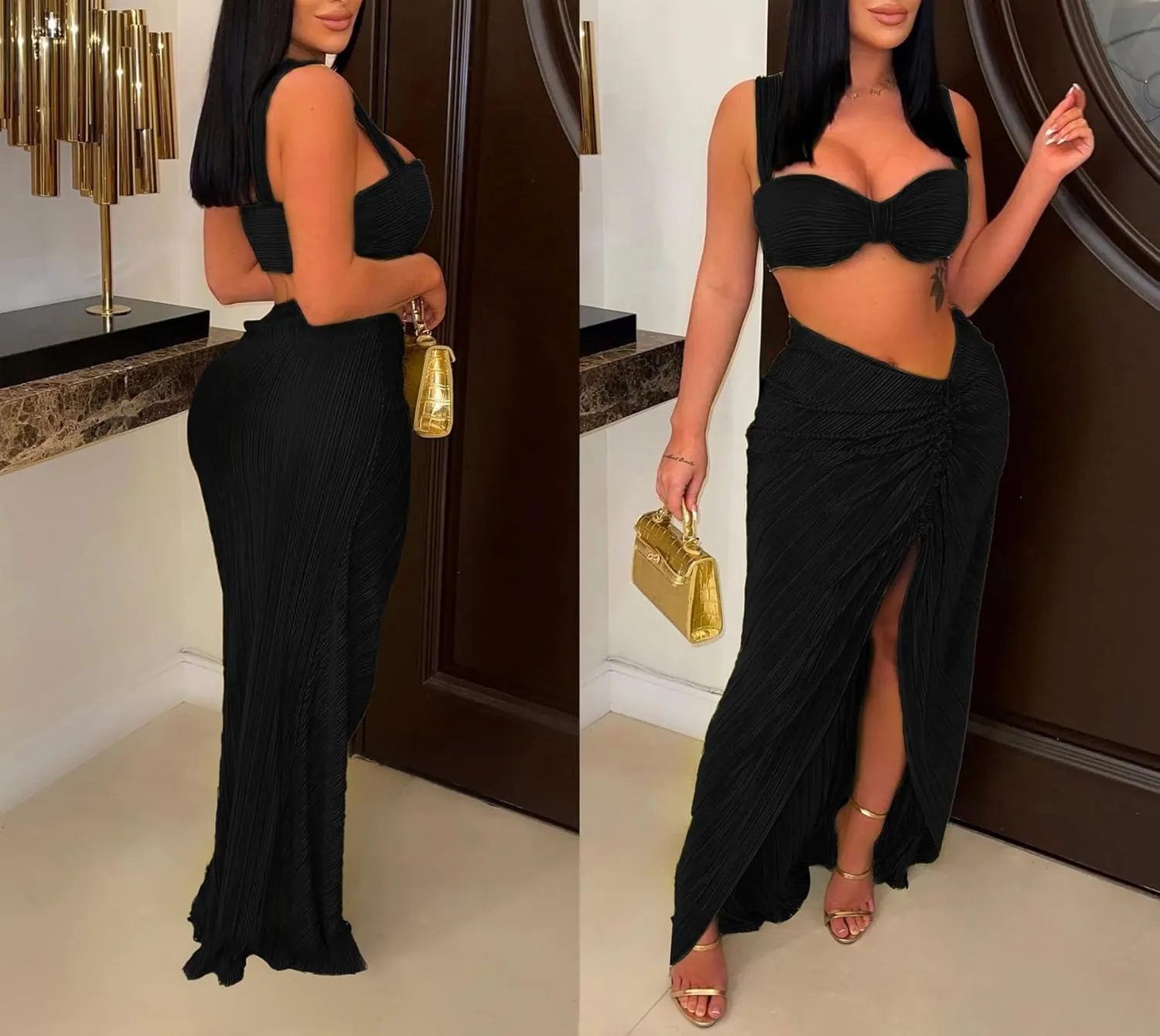 Ptorlio Skirt Sets Women 2 Piece Outfits Pleated Maxi Skirts with Slit and Top Club Beach Set