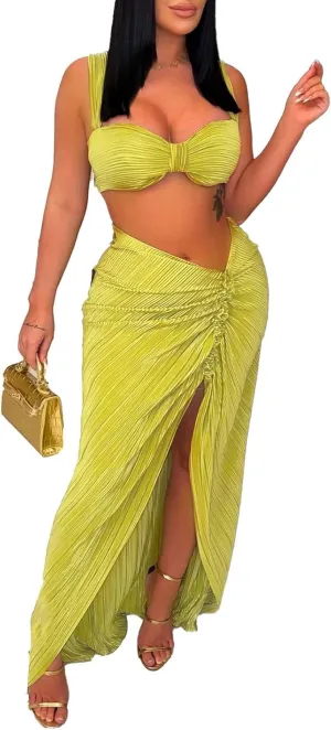 Ptorlio Skirt Sets Women 2 Piece Outfits Pleated Maxi Skirts with Slit and Top Club Beach Set