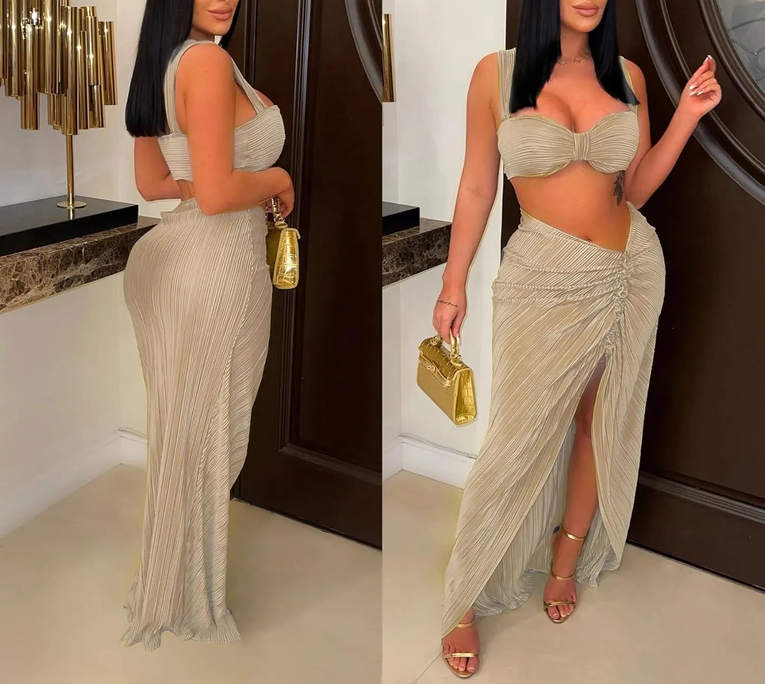Ptorlio Skirt Sets Women 2 Piece Outfits Pleated Maxi Skirts with Slit and Top Club Beach Set