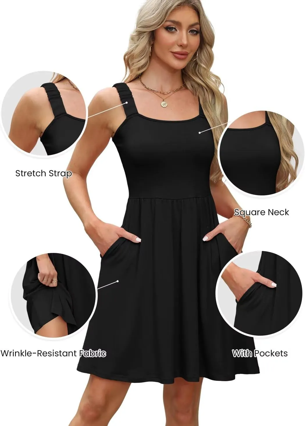 QACOHU Summer Dresses for Women 2025 Square Neck Sleeveless Sundress Casual Pocket A-Line Midi Dress
