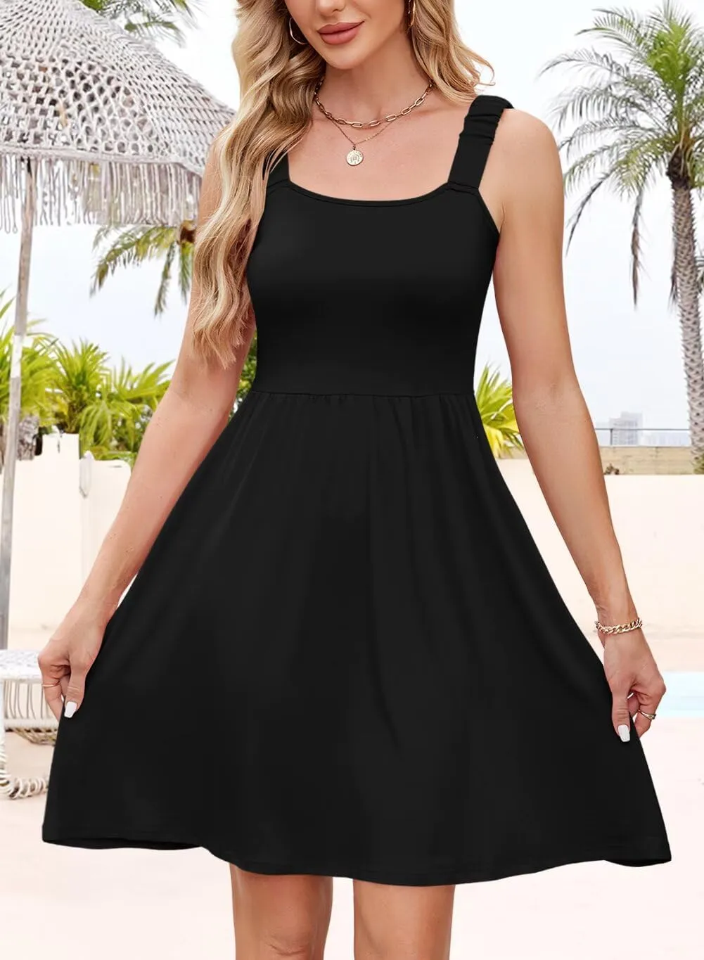 QACOHU Summer Dresses for Women 2025 Square Neck Sleeveless Sundress Casual Pocket A-Line Midi Dress