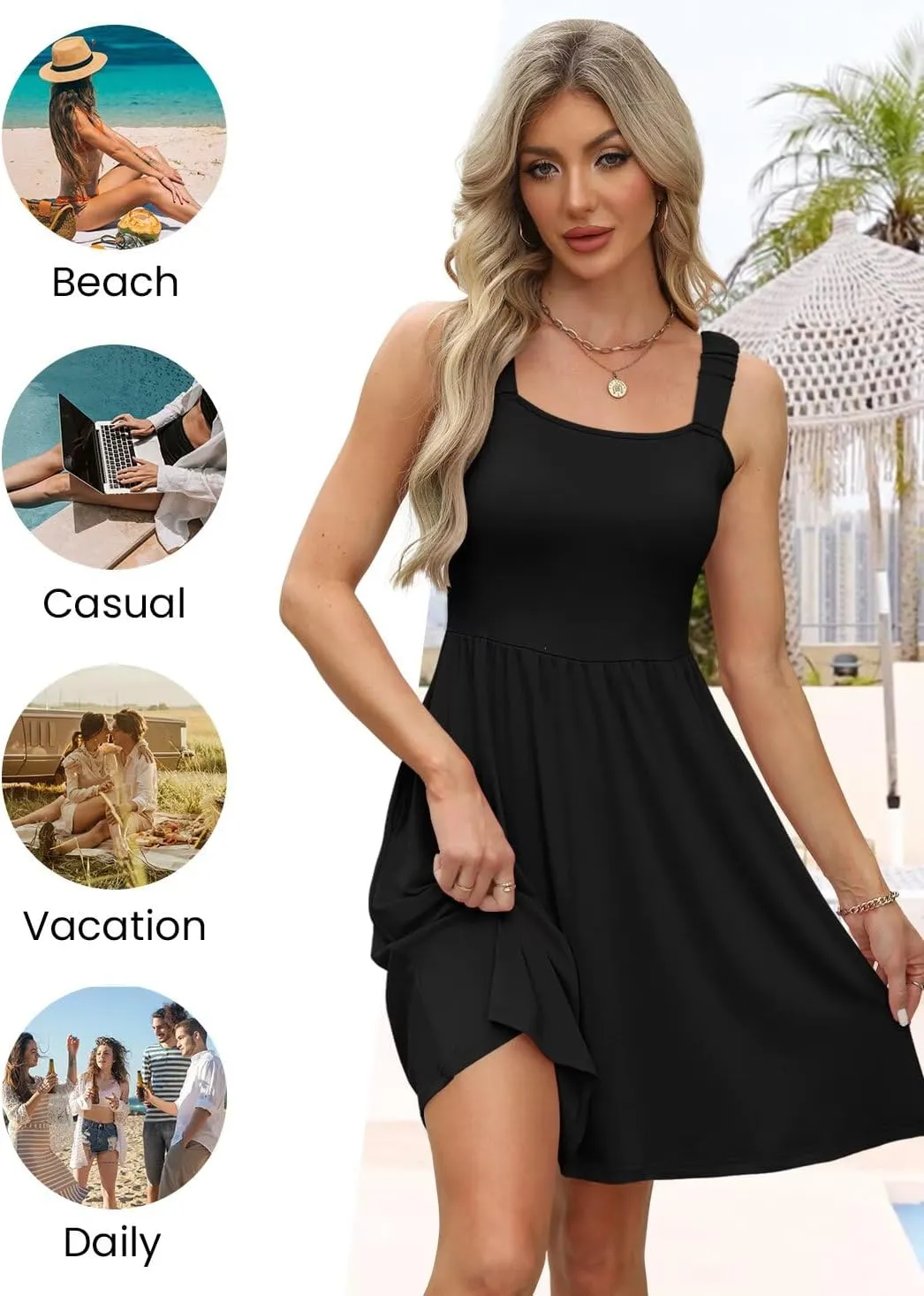 QACOHU Summer Dresses for Women 2025 Square Neck Sleeveless Sundress Casual Pocket A-Line Midi Dress