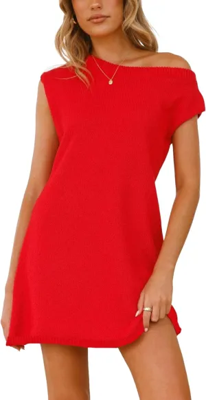 Qiaomai Womens Off Shoulder Knit Mini Dress Casual Crewneck Cap Sleeve Beach Cover Up Dresses