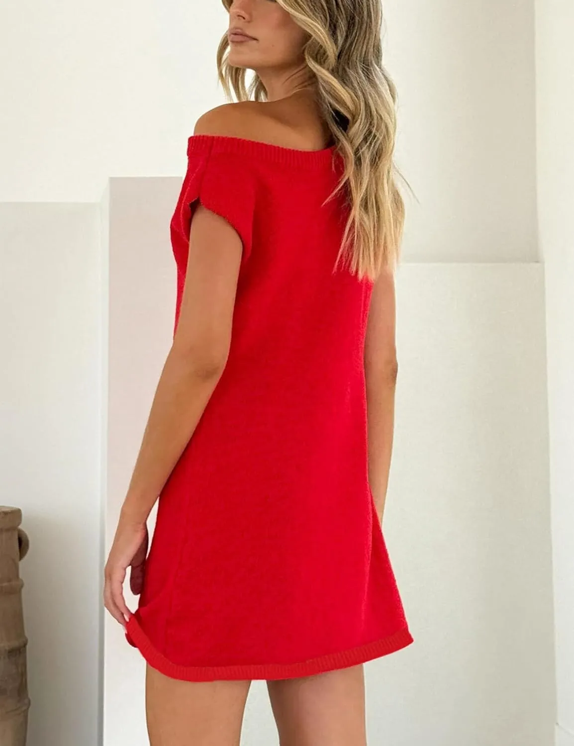Qiaomai Womens Off Shoulder Knit Mini Dress Casual Crewneck Cap Sleeve Beach Cover Up Dresses