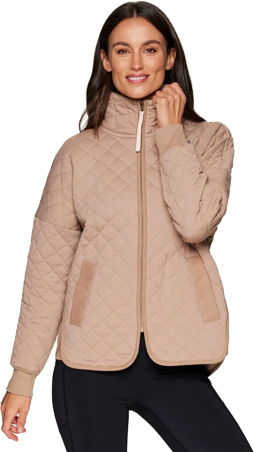 RBX Quilted Zip Up Jacket for Women, Lightweight Mock Neck Jacket with Pockets for Hiking, Workouts, Casual Wear