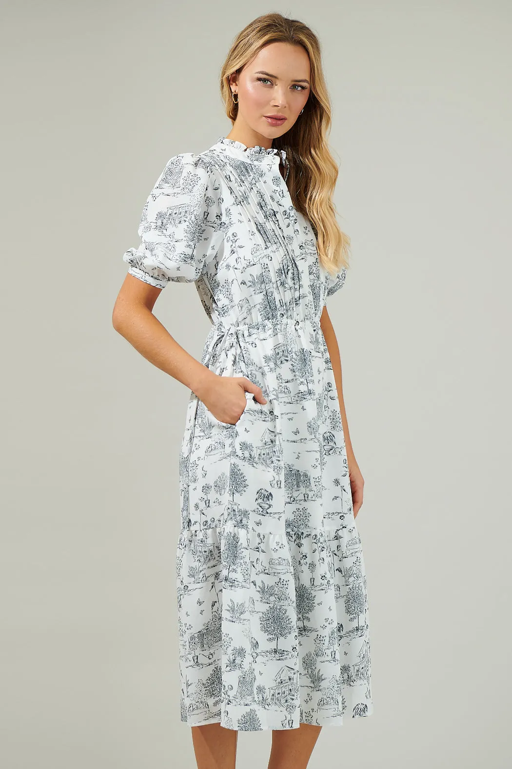 Renzo Toile Pleated Midi Dress