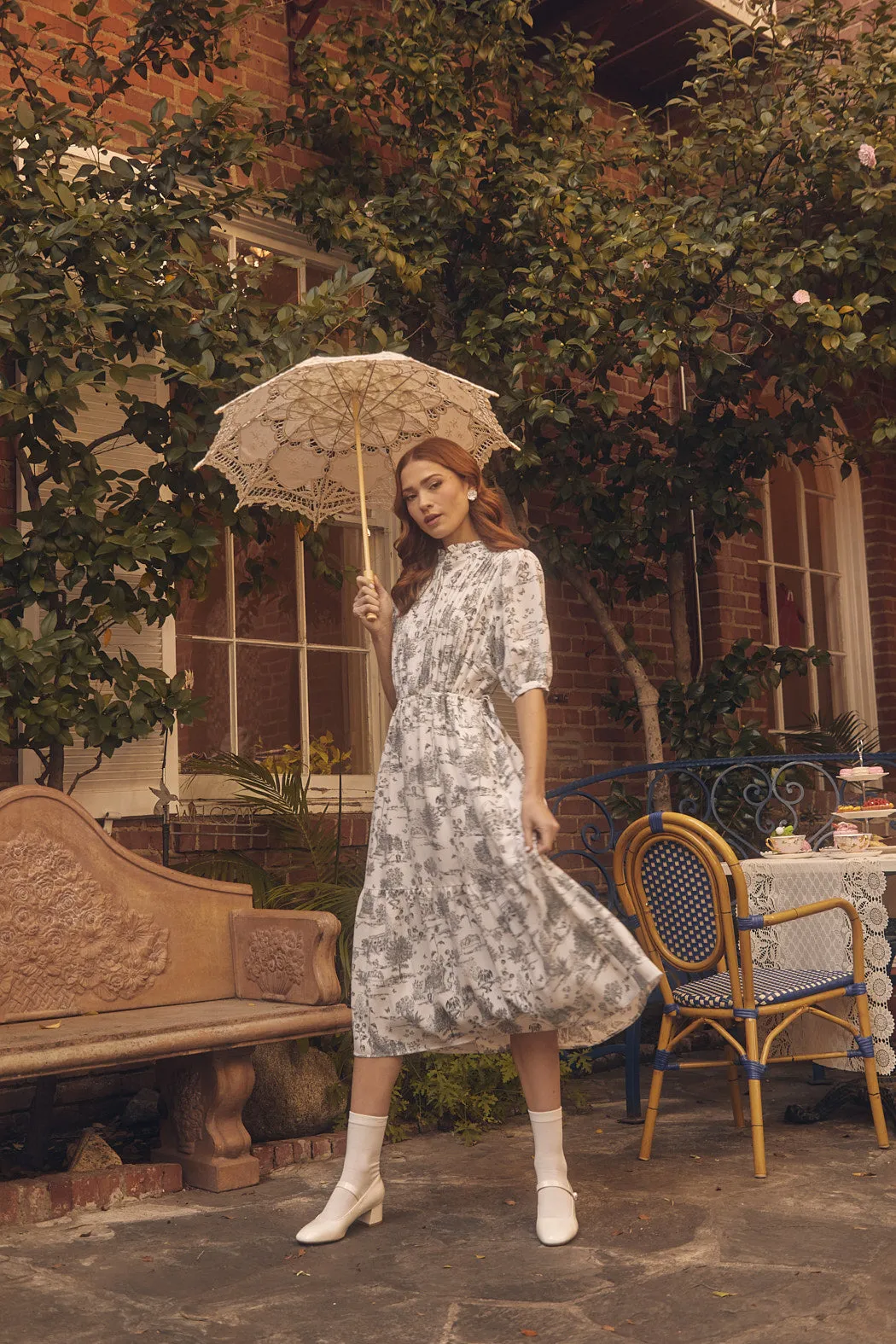 Renzo Toile Pleated Midi Dress