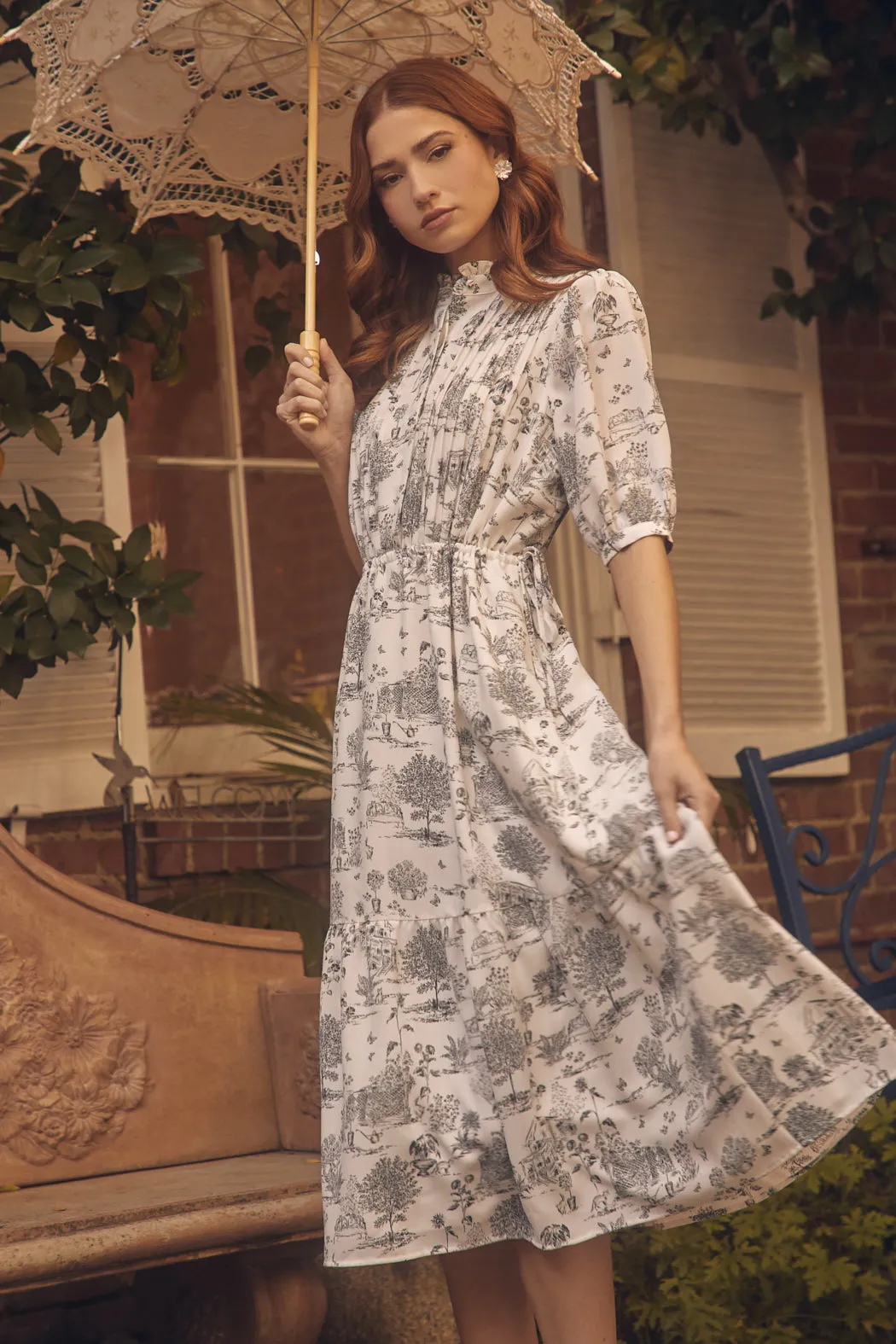 Renzo Toile Pleated Midi Dress