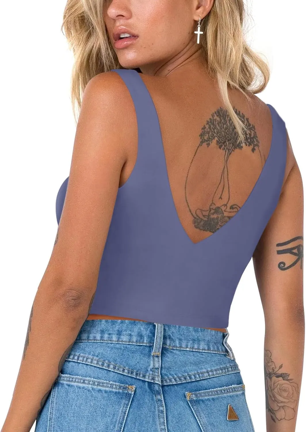 REORIA Butsmooth Womens Trendy Sexy Plunge Deep V Neck Sleeveless V Backless Slim Fit Going Out Crop Tank Tops