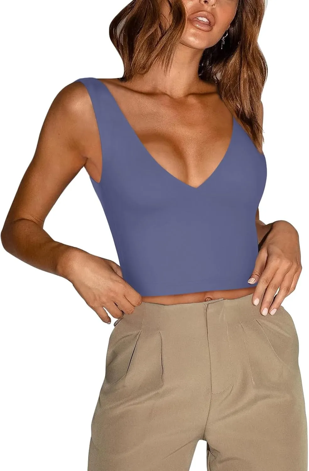 REORIA Butsmooth Womens Trendy Sexy Plunge Deep V Neck Sleeveless V Backless Slim Fit Going Out Crop Tank Tops