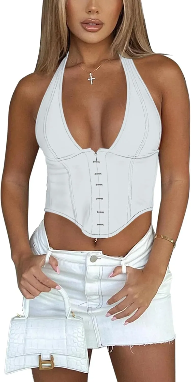 REORIA Women's Summer Sexy Halter V Neck Sleeveless Backless Trendy Y2k Going Out Corset Tank Crop Tops