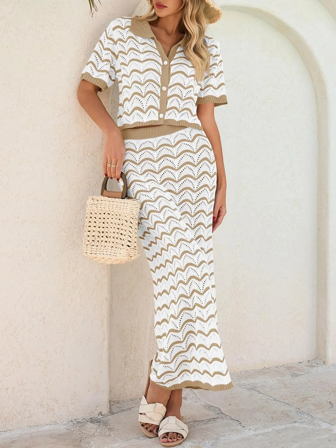 Saodimallsu Women Striped Beach Cover Up Set Button Short Sleeve Collared Crop Top Maxi Skirt Crochet 2 Piece Outfits
