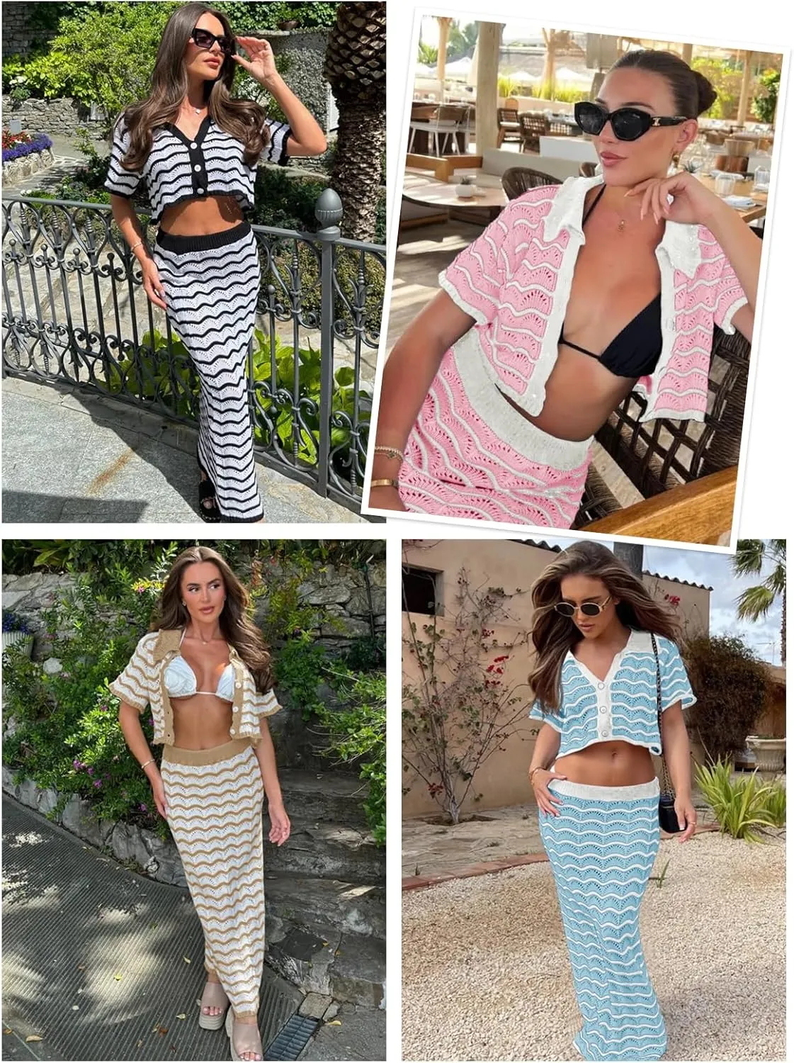 Saodimallsu Women Striped Beach Cover Up Set Button Short Sleeve Collared Crop Top Maxi Skirt Crochet 2 Piece Outfits