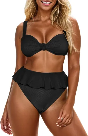 Saodimallsu Womens 2 Piece Vintage Swimsuit Ruffle High Waisted Bikini Sets Twist Knot Ribbed Bathing Suits