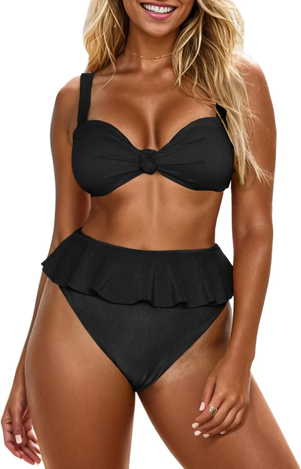Saodimallsu Womens 2 Piece Vintage Swimsuit Ruffle High Waisted Bikini Sets Twist Knot Ribbed Bathing Suits