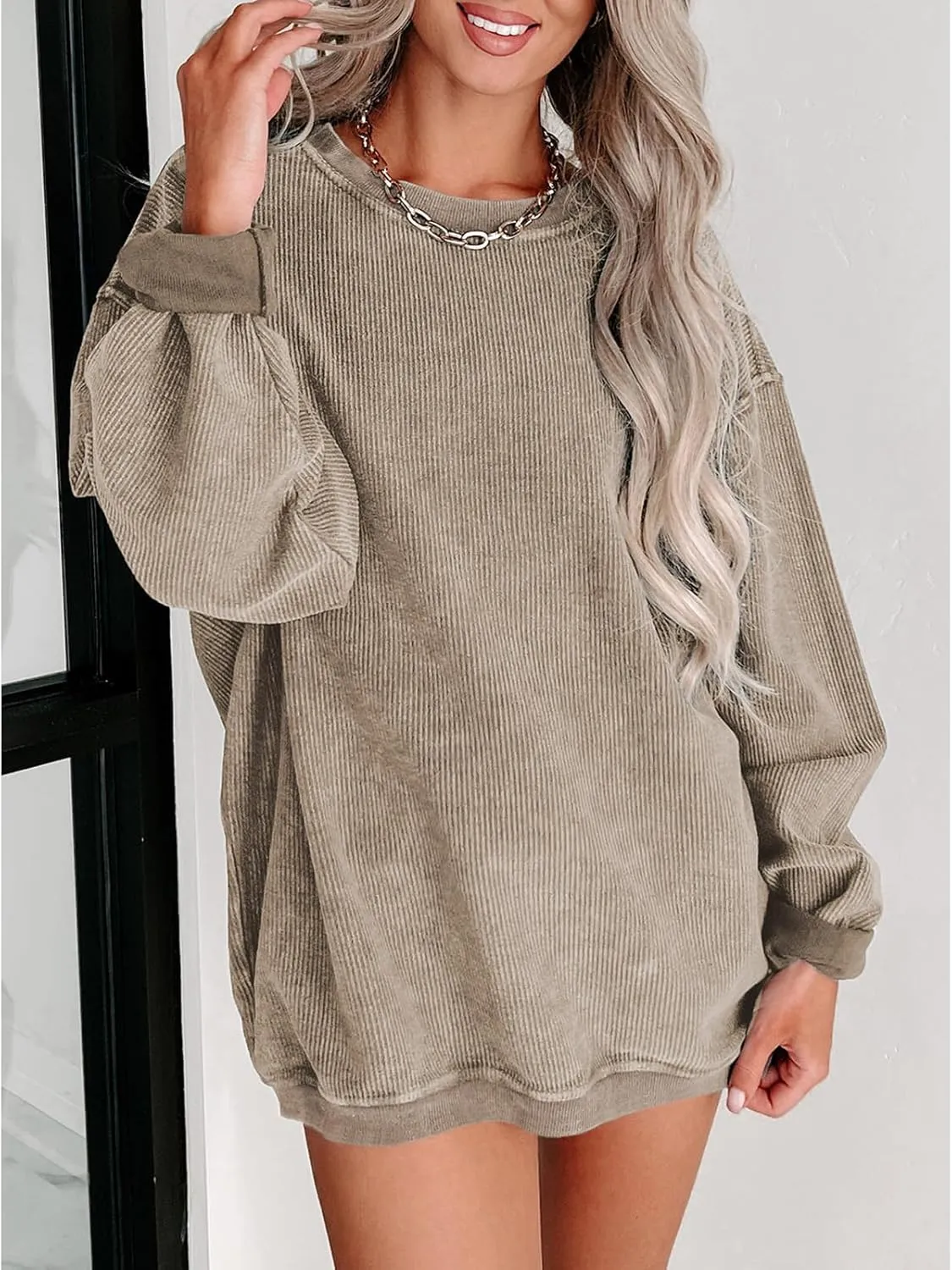 SELINK Womens Crewneck Oversized Corduroy Corded Sweatshirt Long Sleeve Casual Pullover Tops