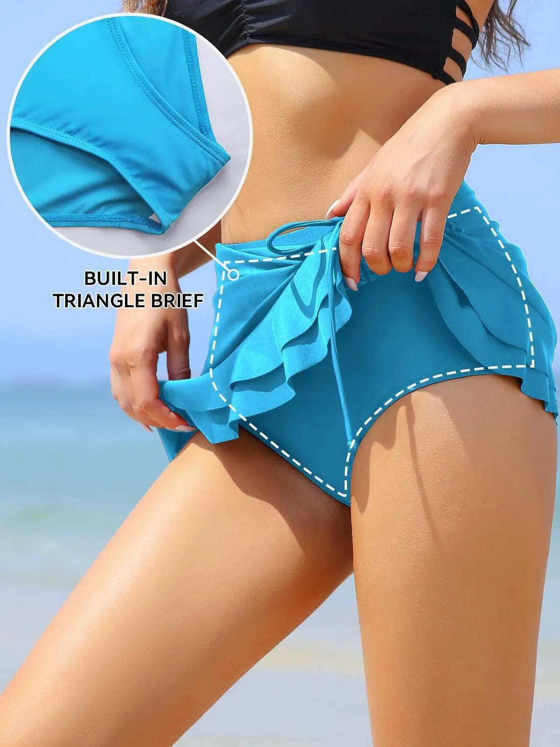 SHEKINI Women's High Waisted Swim Skirt Drawstring Ruched Bathing Suit Bottoms with Built-in Brief