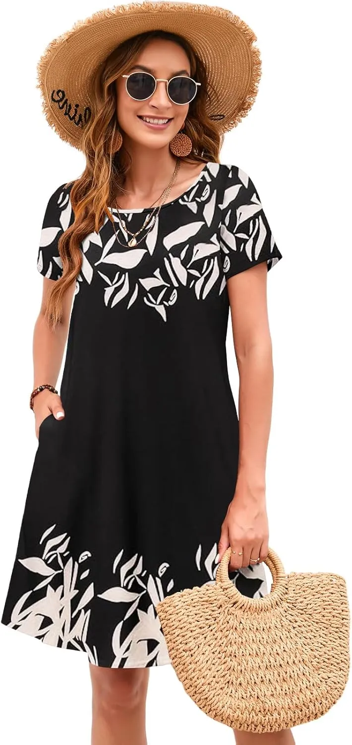 Sherosa Women's Summer Dresses 2025 Beach Boho Sundress Short Sleeve Loose Casual Tshirt Dress with Pockets