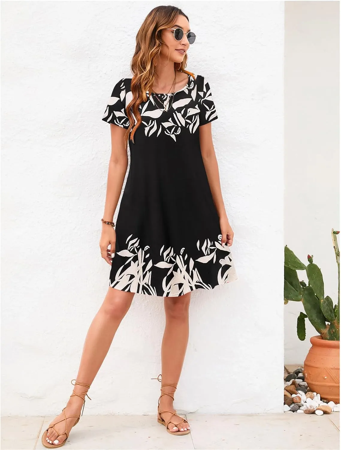 Sherosa Women's Summer Dresses 2025 Beach Boho Sundress Short Sleeve Loose Casual Tshirt Dress with Pockets